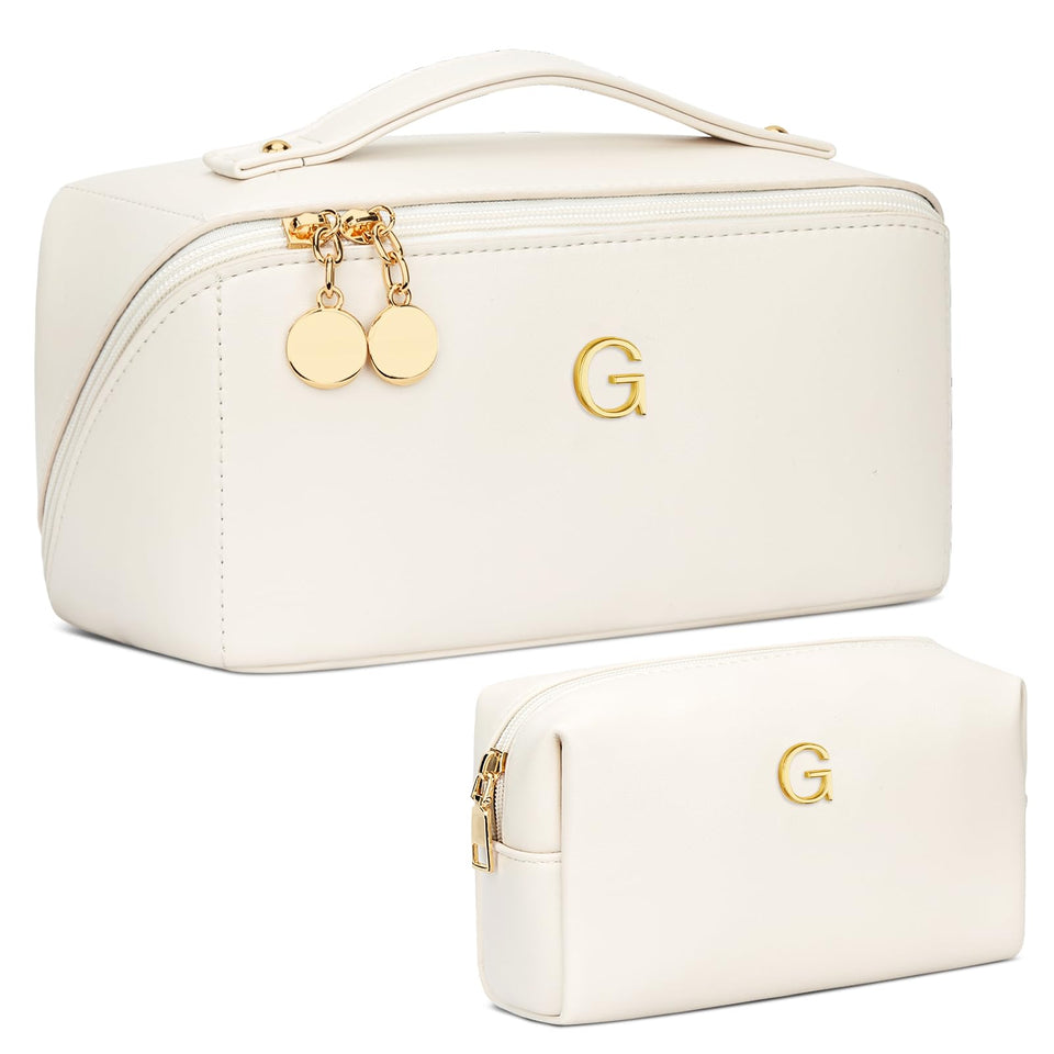 CloudWINGS initial makeup bag in beige showing personalized gift option