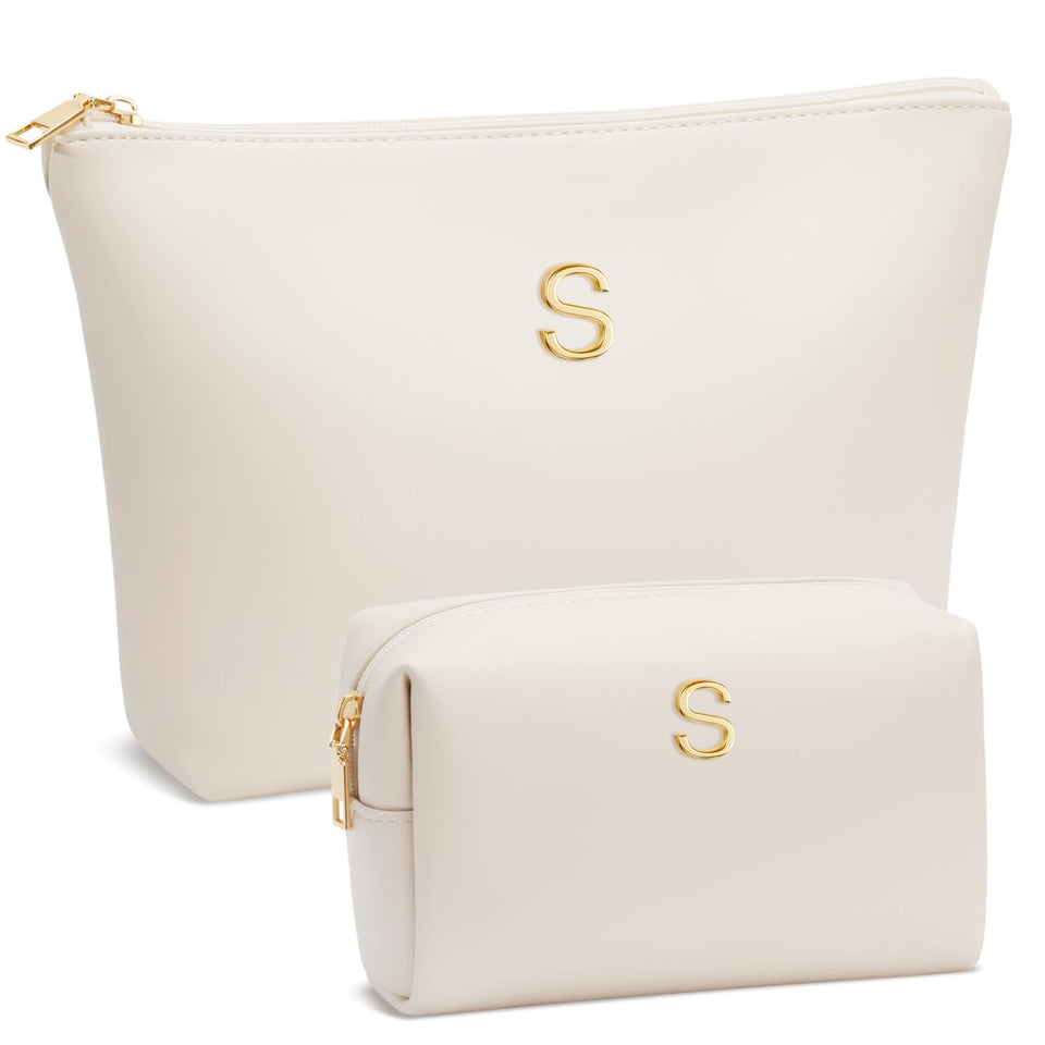 Cloudwings initial monogram makeup bag in beige for a chic personalized look.