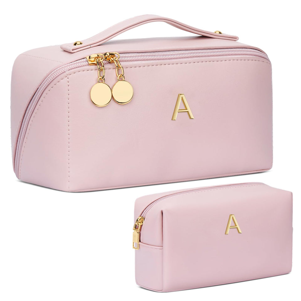 CloudWings pink initial makeup bag front view with personalized initial.