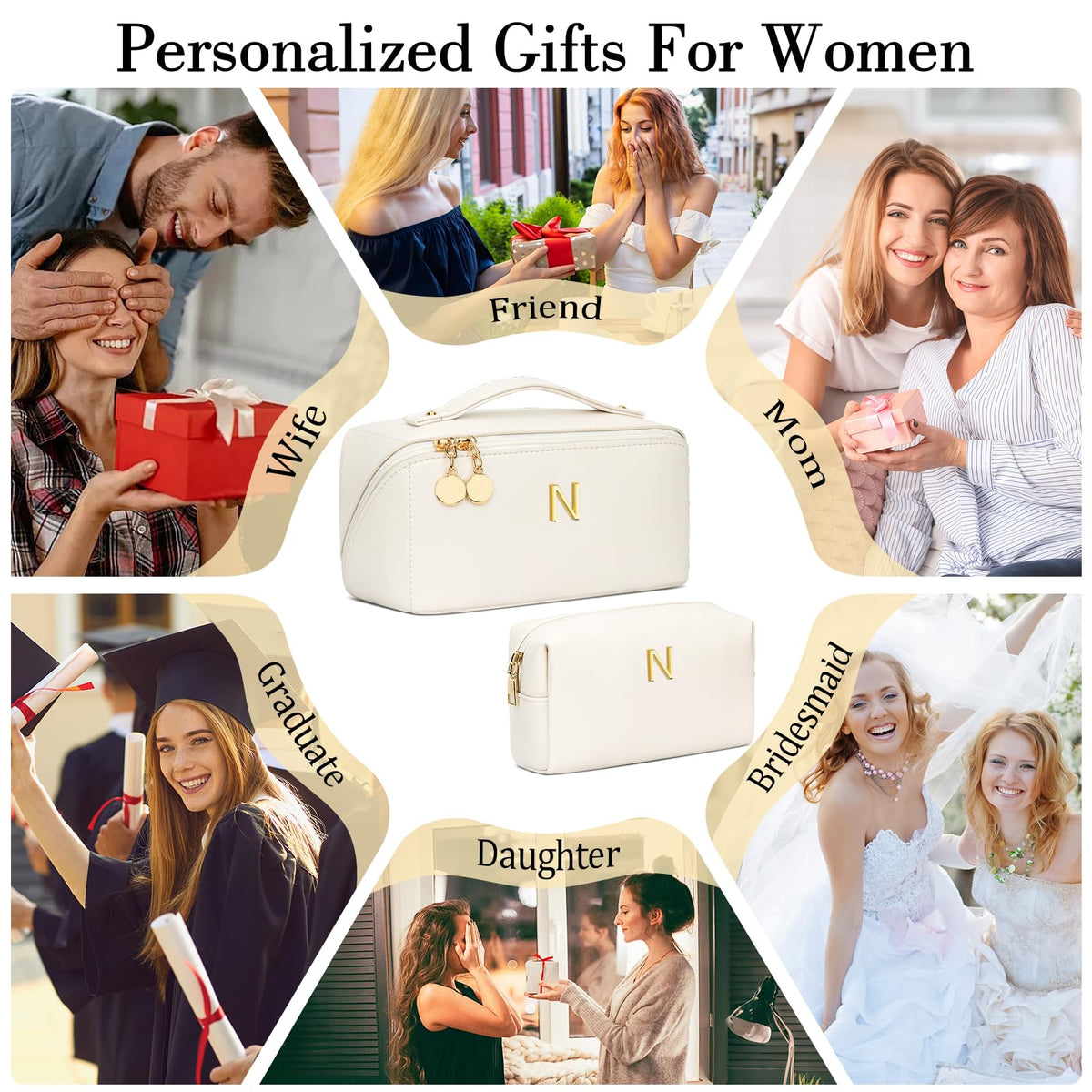 CLOUDWINGS initial makeup bag set beige 180-degree open design for easy access
