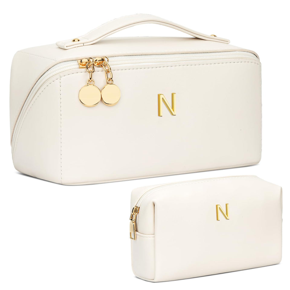 CLOUDWINGS initial makeup bag set beige front view showcases stylish gifting