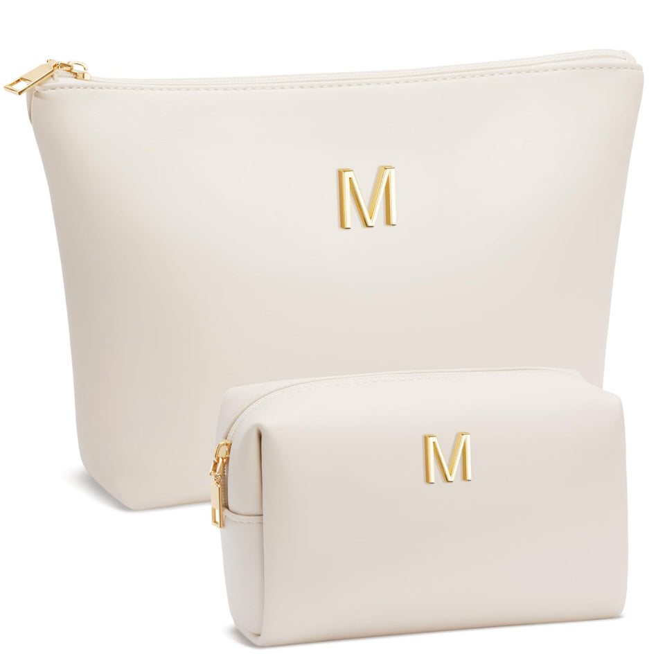 CLOUDWINGS mom gifts initial makeup bag in beige with monogram for personalized daily use