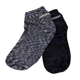 Cloudz Dreamy Black Plush Aloe Vera Socks, two pairs on a soft surface for travel comfort.