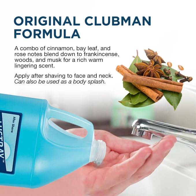 Cap close-up on the Clubman Lustray Blue Spice bottle for easy grip.