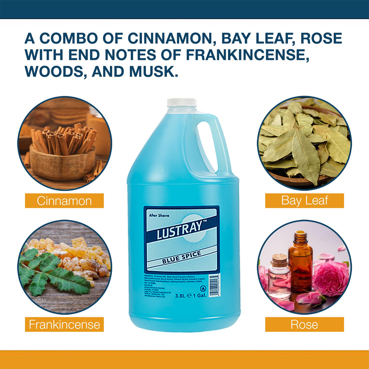 Pouring Clubman Lustray Blue Spice shows the generous 1 gallon size.