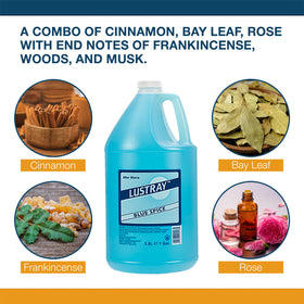 Pouring Clubman Lustray Blue Spice shows the generous 1 gallon size.