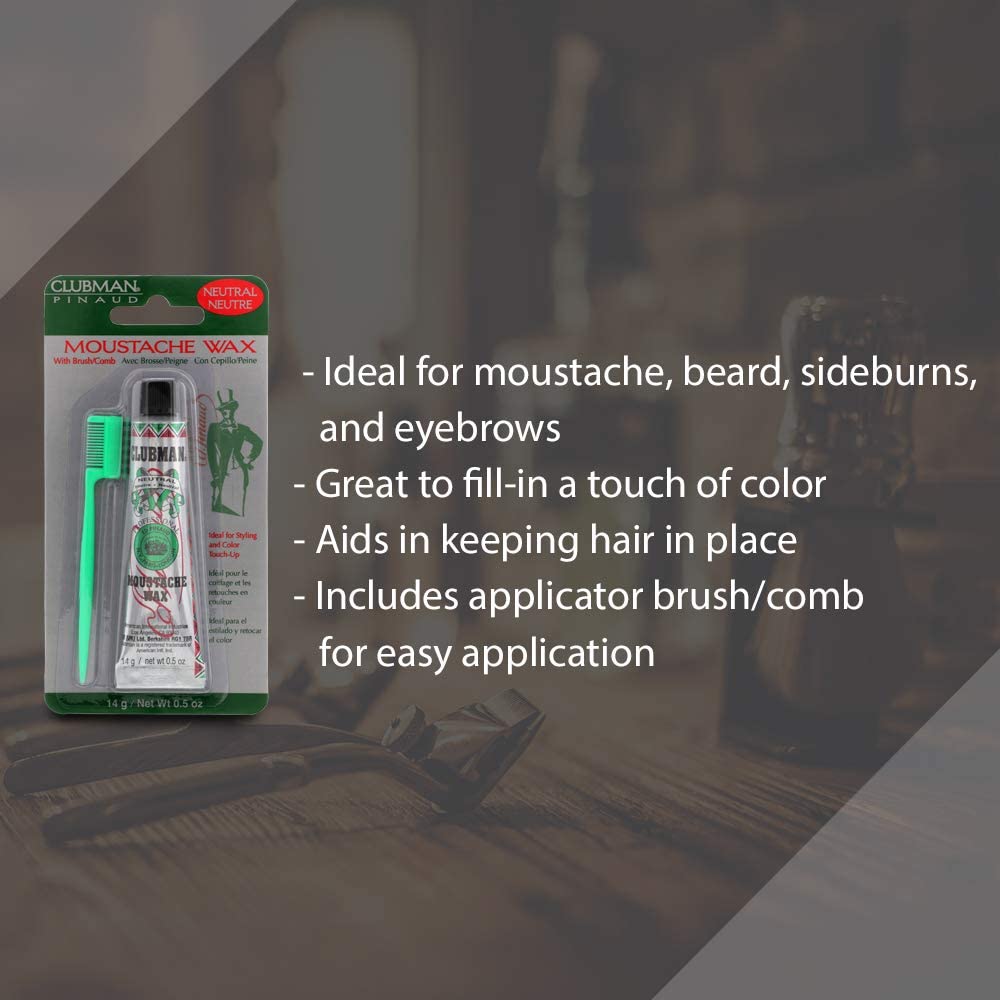 Clubman moustache wax neutral with brush comb for precise grooming.