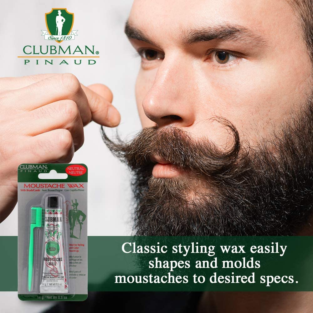 Clubman moustache wax neutral packaging shown for reference.