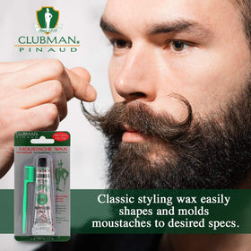 Clubman moustache wax neutral packaging shown for reference.