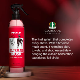 Clubman Musk cap close-up highlights iconic packaging and masculine fragrance.