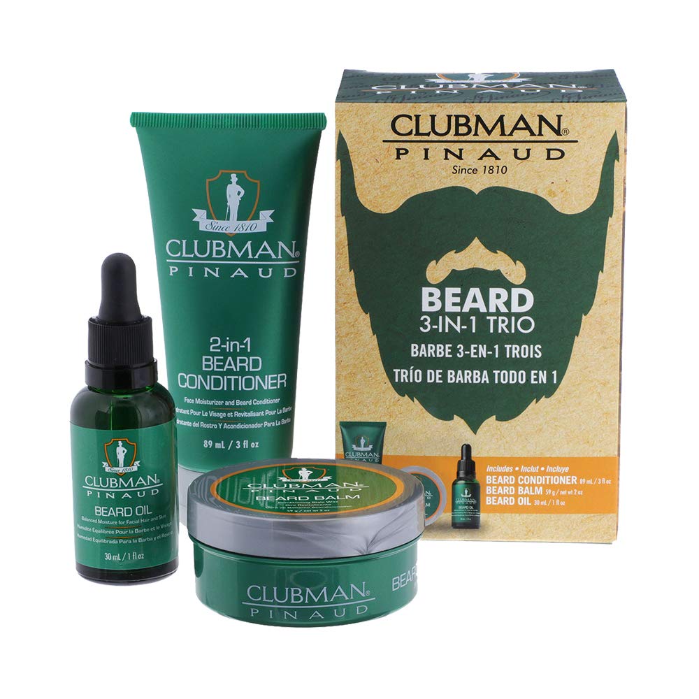 Clubman Pinaud 3-in-1 Beard Kit box highlights all-in-one grooming for busy mornings.
