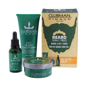 Clubman Pinaud 3-in-1 Beard Kit box highlights all-in-one grooming for busy mornings.