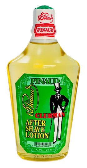 Clubman Pinaud aftershave lotion bottle with application illustration, easy grooming ritual.