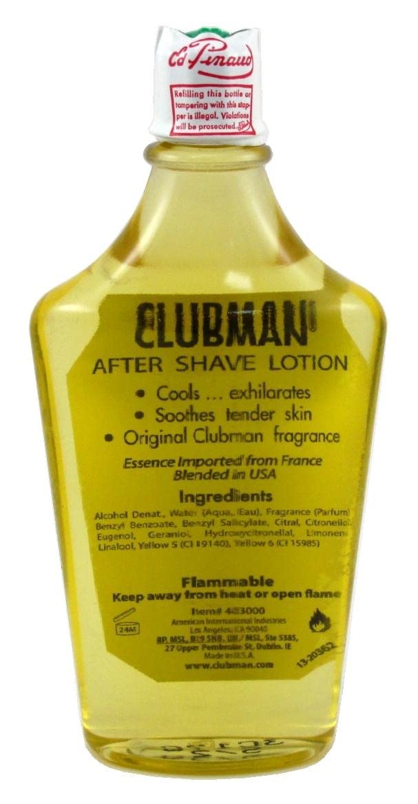 Clubman Pinaud aftershave lotion close-up label, timeless scent that cools and tones.