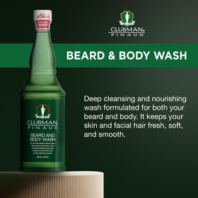Clubman Pinaud beard and body wash on a beard with rich cleanse.