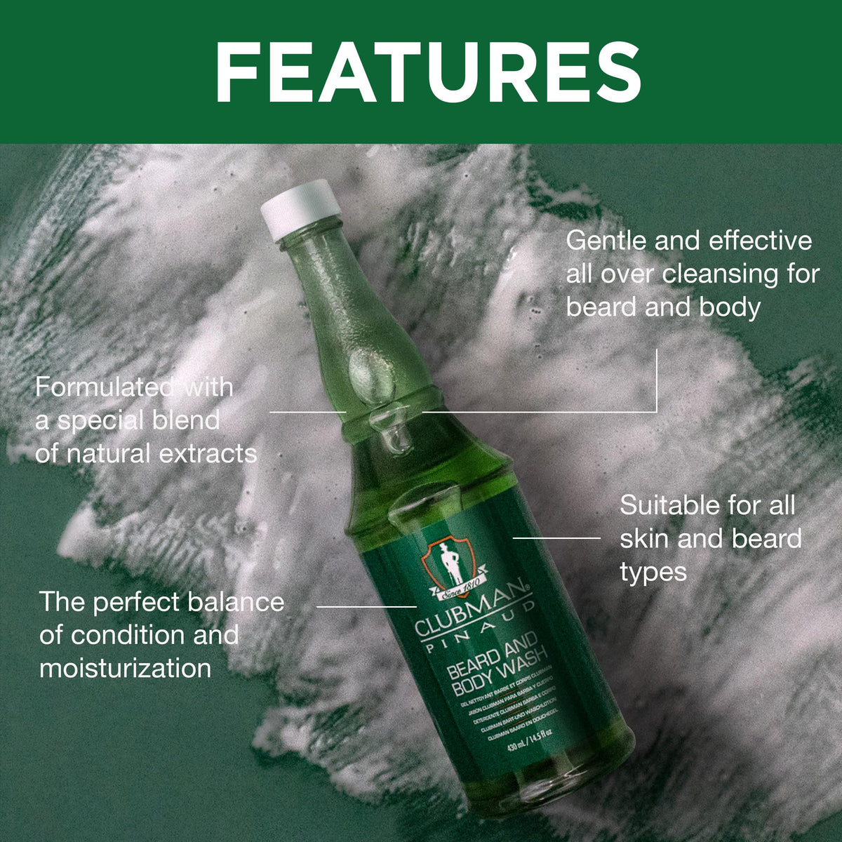 Clubman Pinaud wash featuring aloe and chamomile for gentle conditioning.