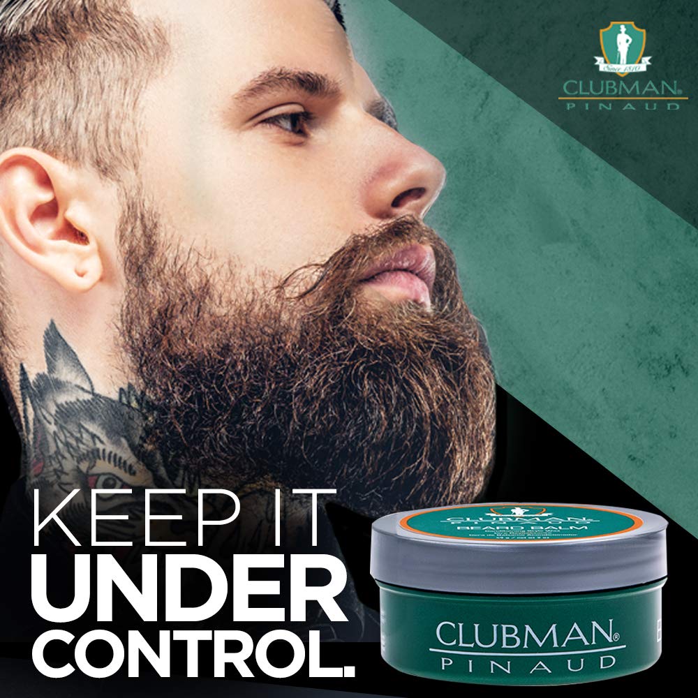 Clubman Pinaud Beard Balm packaging highlights natural ingredients for grooming.