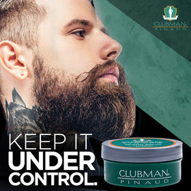 Clubman Pinaud Beard Balm packaging highlights natural ingredients for grooming.