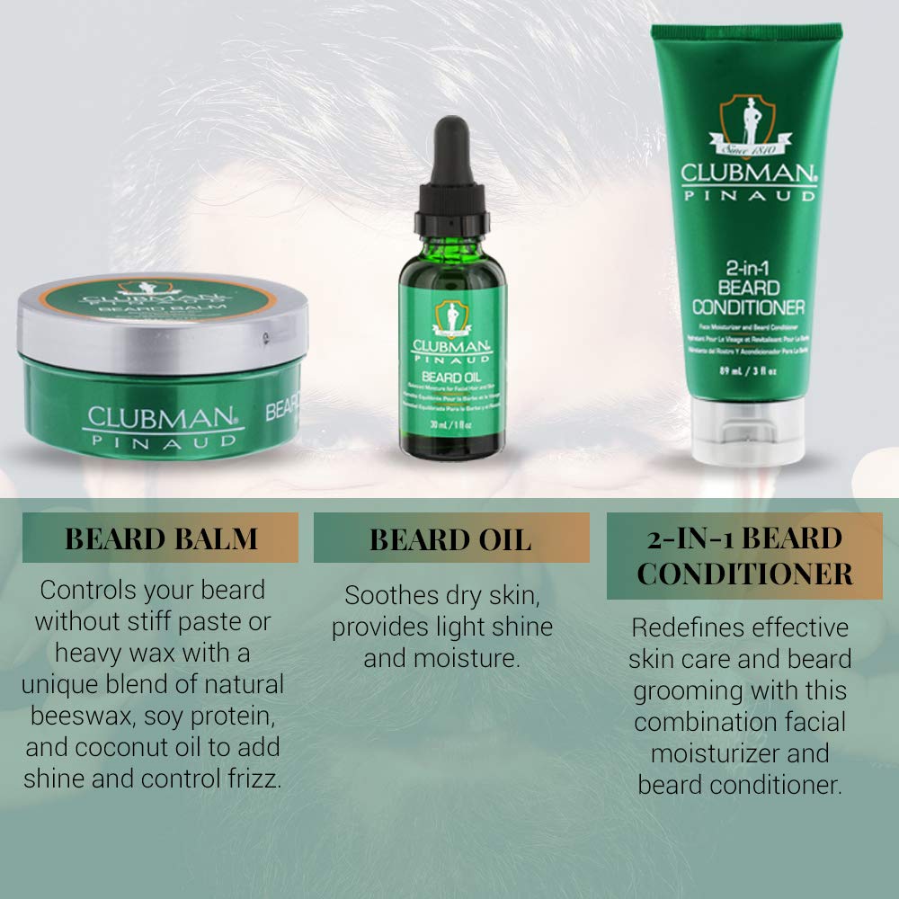 Clubman Pinaud beard balm tube adds light hold and manageability.