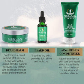 Clubman Pinaud beard balm tube adds light hold and manageability.
