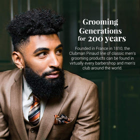 Clubman Pinaud beard conditioner jar provides daily moisture for healthier-looking facial hair.