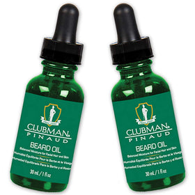 Clubman Pinaud beard oil bottle promoting natural shine and grooming.