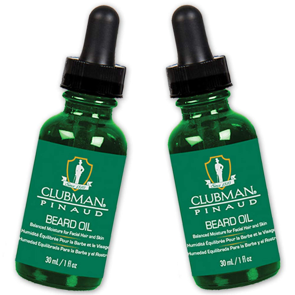 Clubman Pinaud beard oil bottle promoting natural shine and grooming.