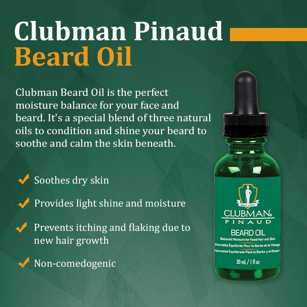 Clubman Pinaud beard oil aids frizz control and shine.