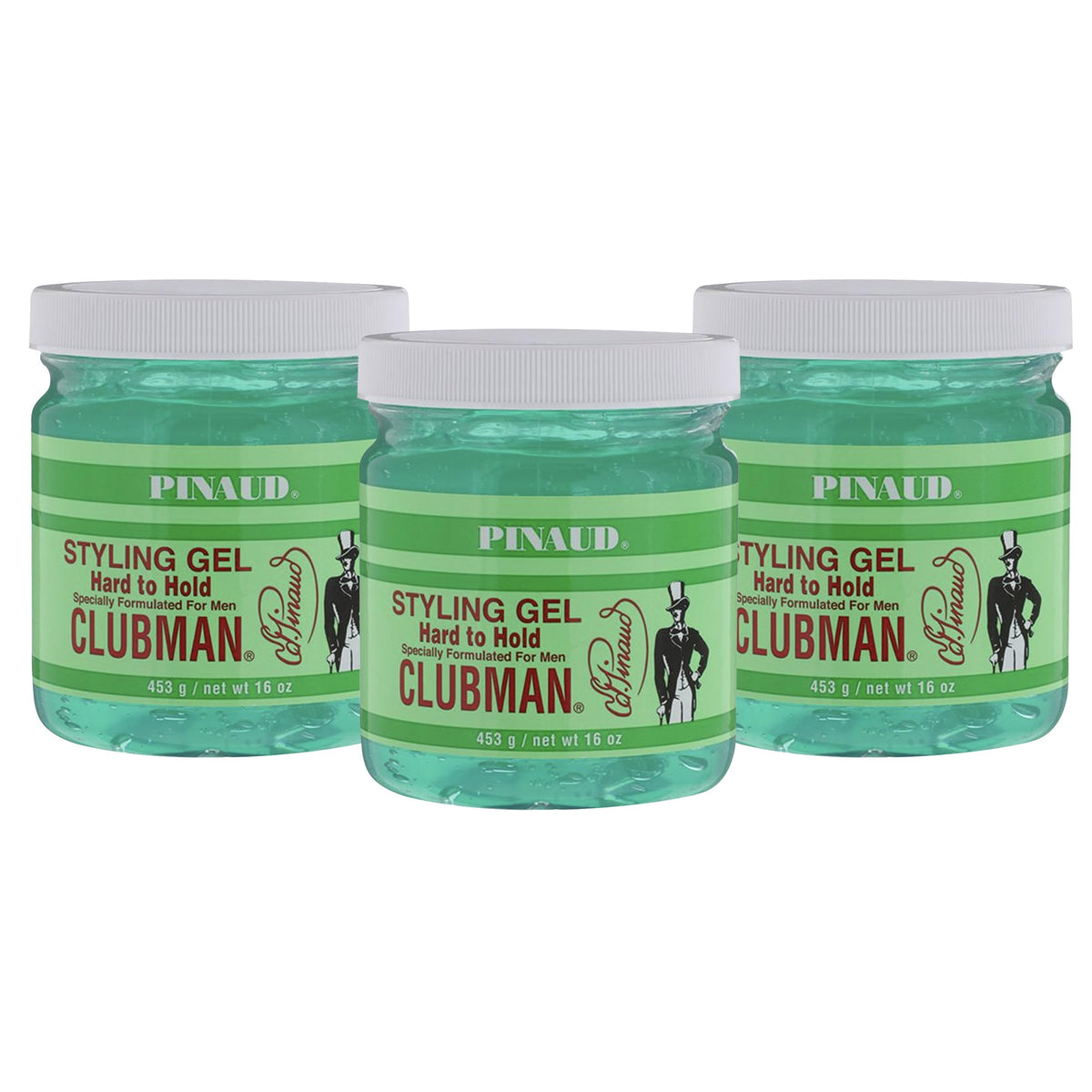 Clubman Pinaud hard-to-hold styling gel bottle shows strong hold for bold looks.