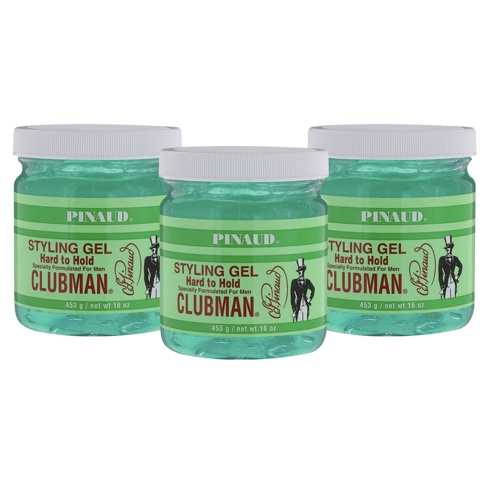 Clubman Pinaud hard-to-hold styling gel bottle shows strong hold for bold looks.