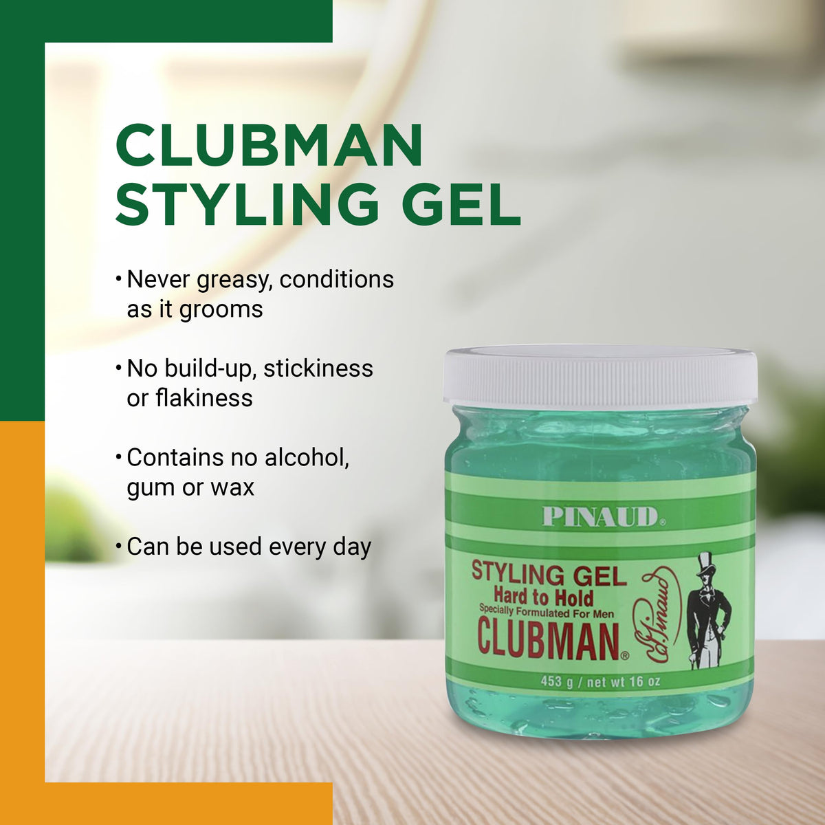 Hand applying Clubman Pinaud styling gel for firm definition and shine.