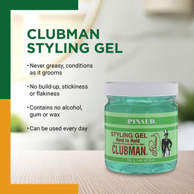 Hand applying Clubman Pinaud styling gel for firm definition and shine.