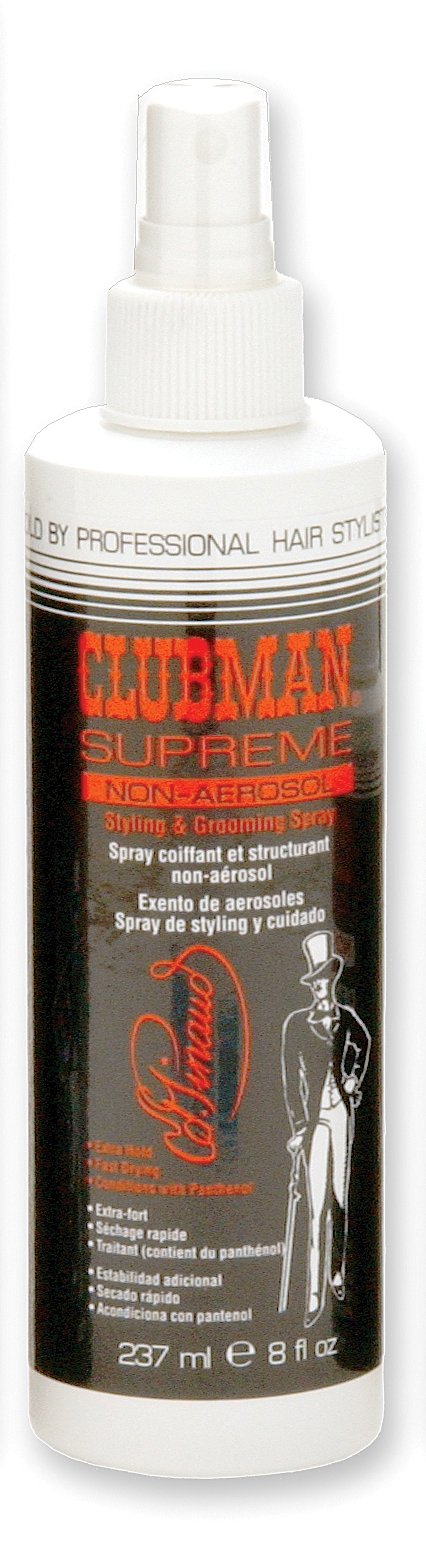 Clubman Pinaud Supreme non-aerosol styling spray bottle for all-day hold and conditioning.