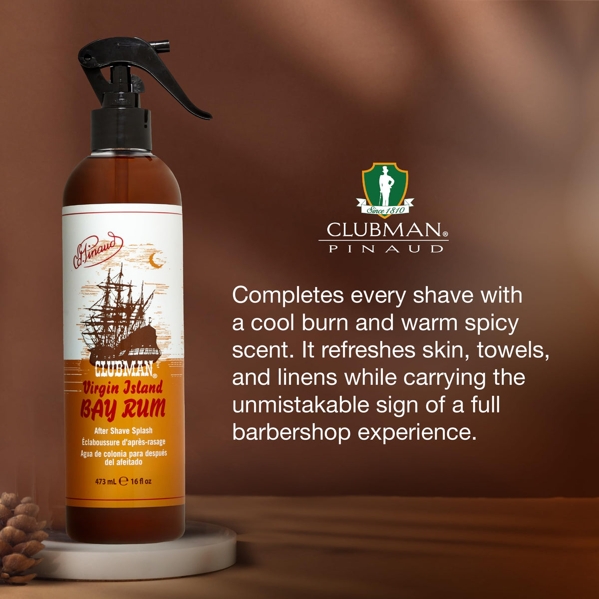 Clubman Virgin Island Bay Rum spray in use during skincare routine for refreshed skin.