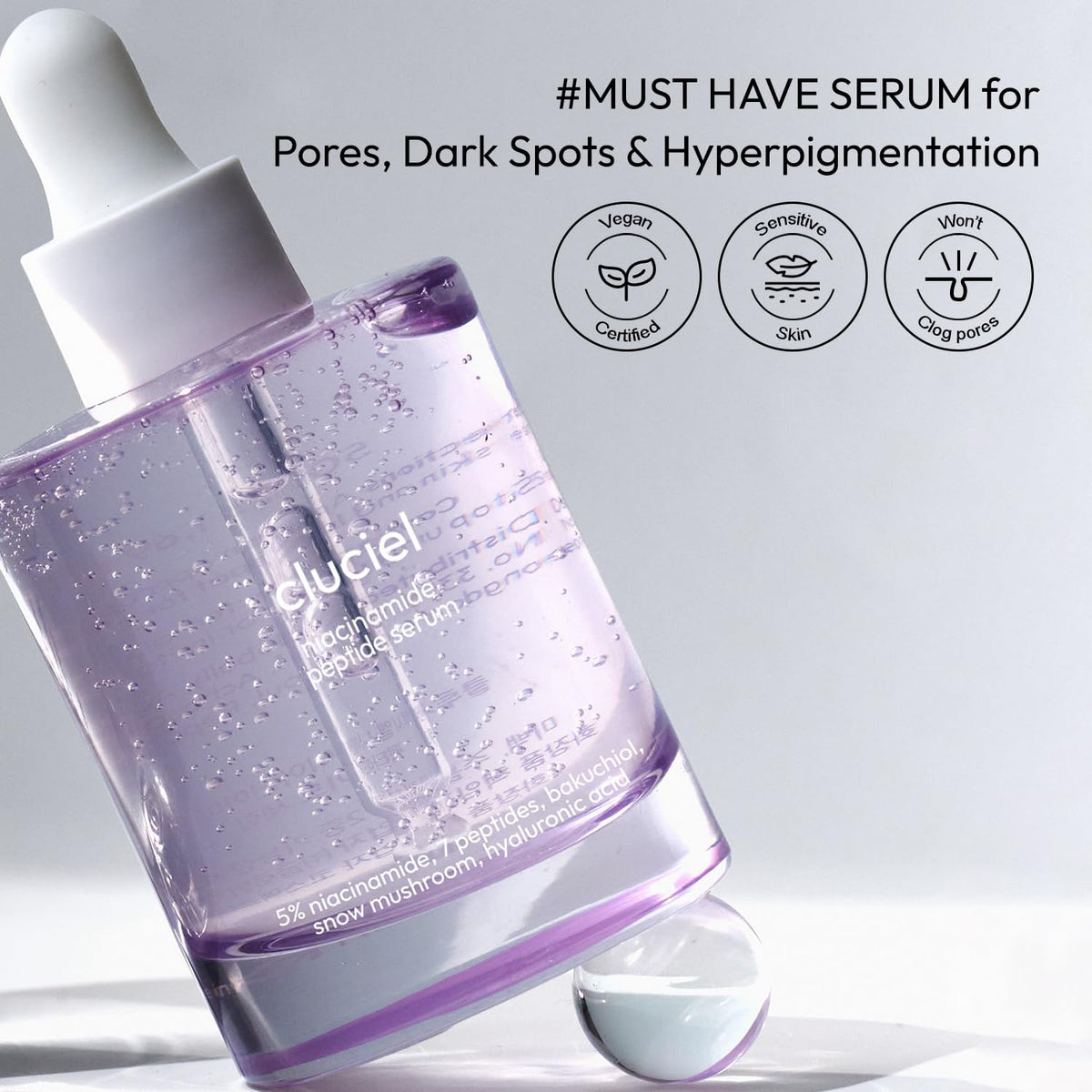 Cluciel Niacinamide Serum texture on skin shows smooth, non sticky feel