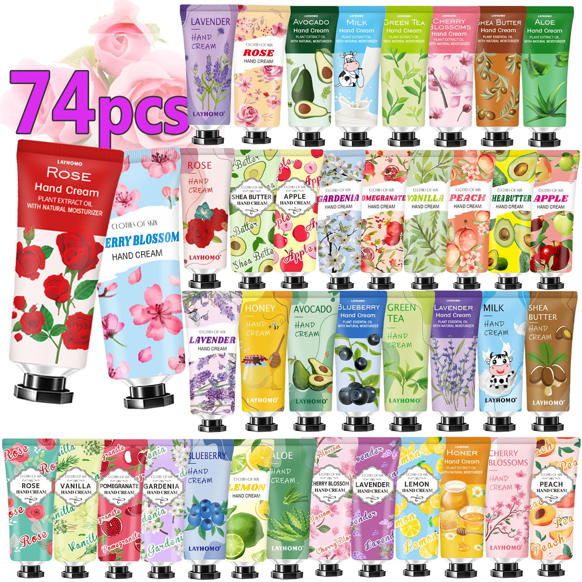 CMWGKBC 74-pack hand cream assortment with varied fragrances for daily mood uplift.