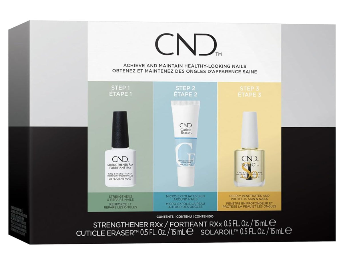 CND CARE.CONDITION.COAT Strengthener RXX bottle fortifies damaged nails for resilience.