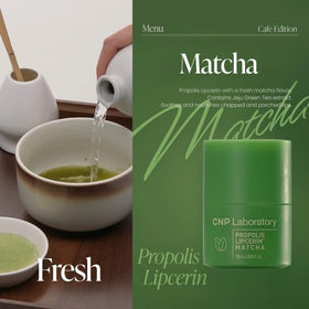 CNP Café Lip Butter Matcha texture swirls, signaling rich moisturization for lips.