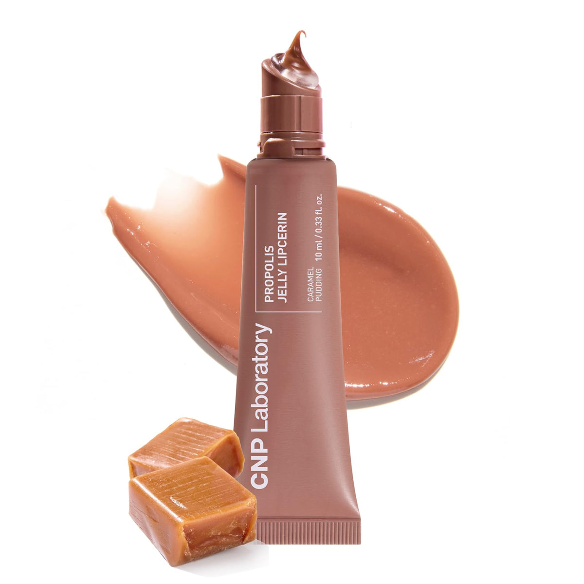 CNP Propolis Jelly Lipcerin Caramel Pudding swatch on the tube showing soft tint.