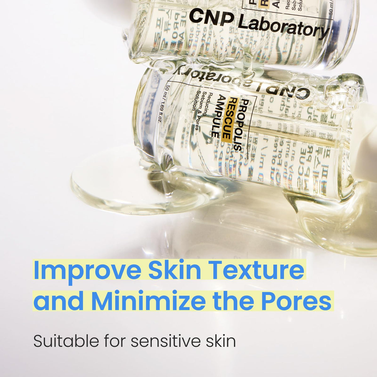 Close-up of the CNP Rescue+Propolis Serum dropper releasing product for quick absorption.