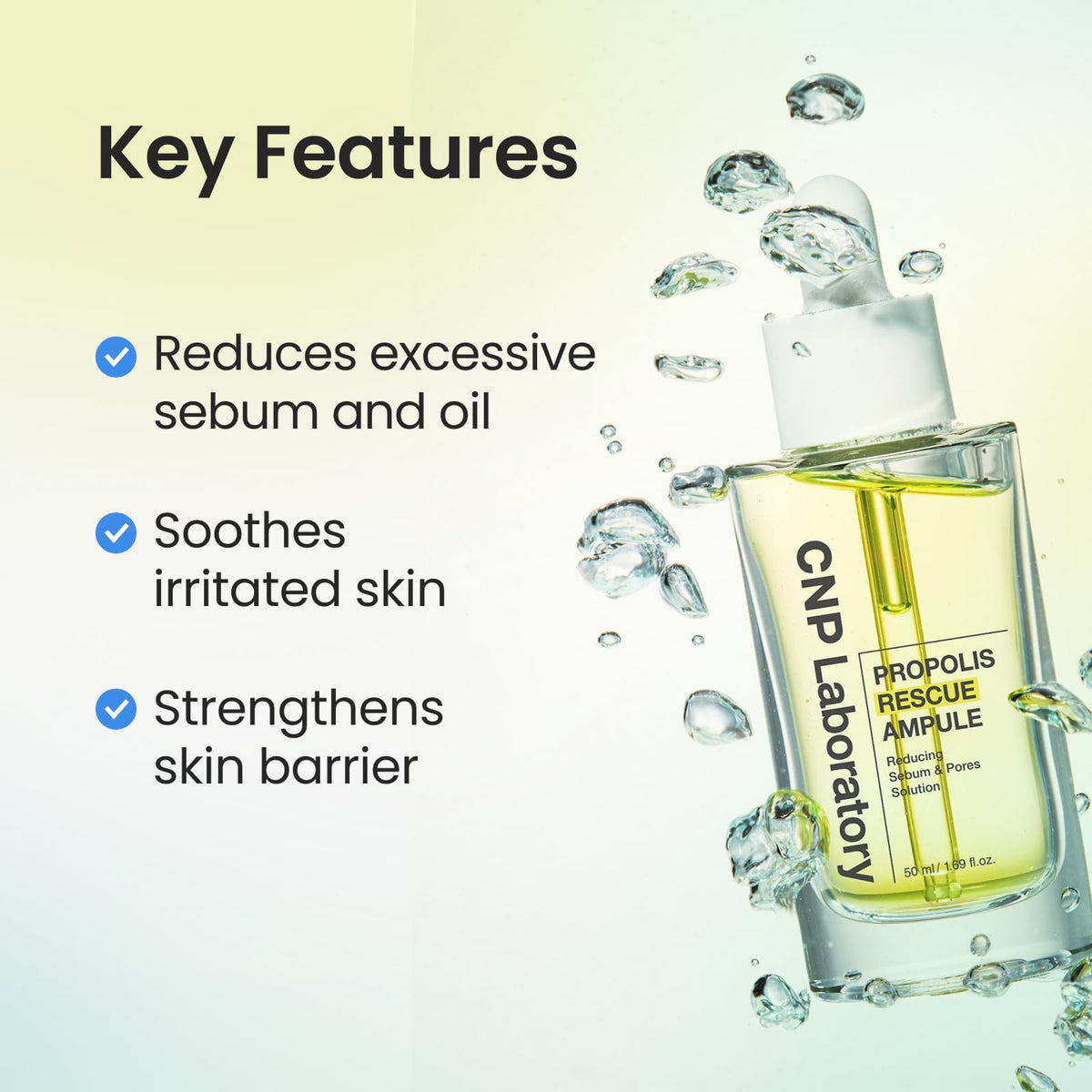 CNP Rescue+Propolis Serum ingredient blend with hyaluronic acid and propolis for hydration.