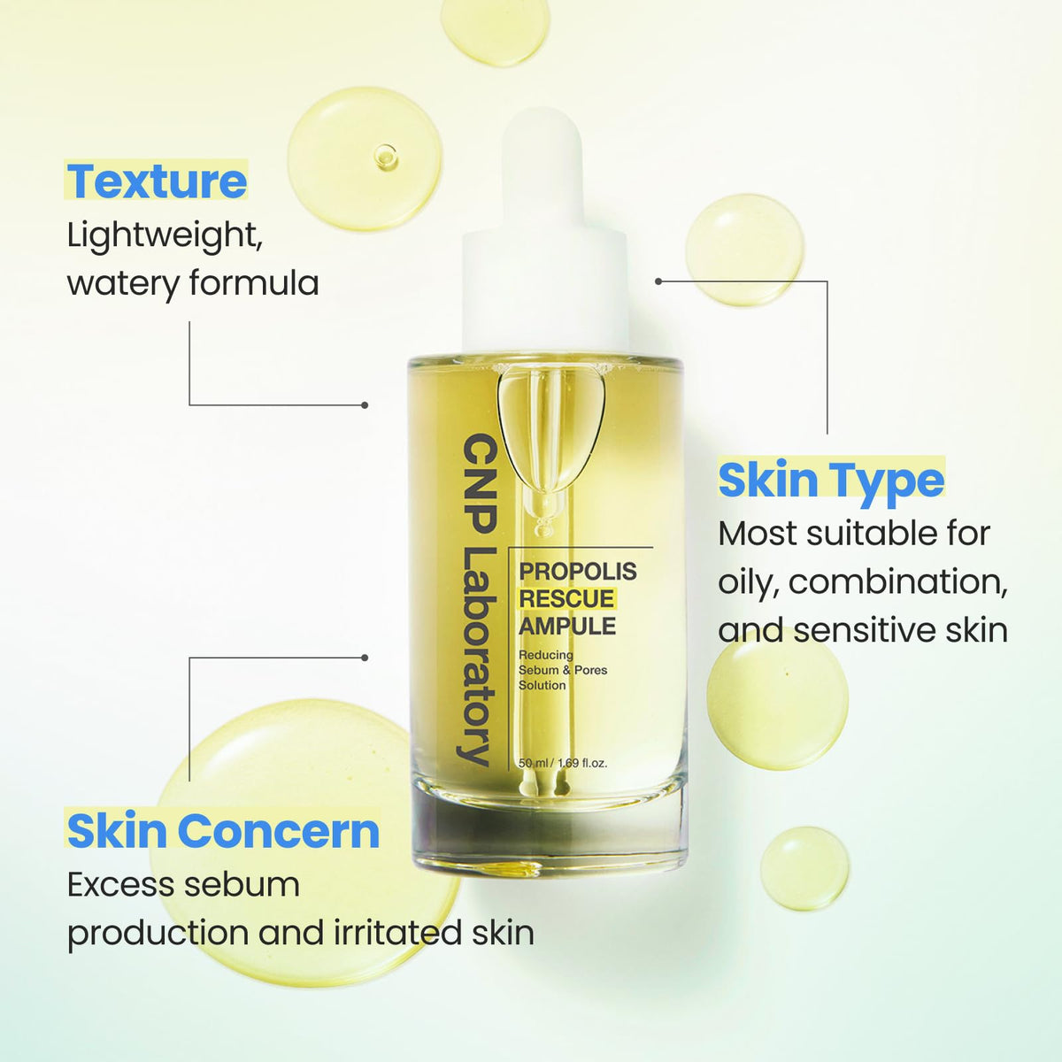 CNP Rescue+Propolis Serum applied to cheek for smoother texture.