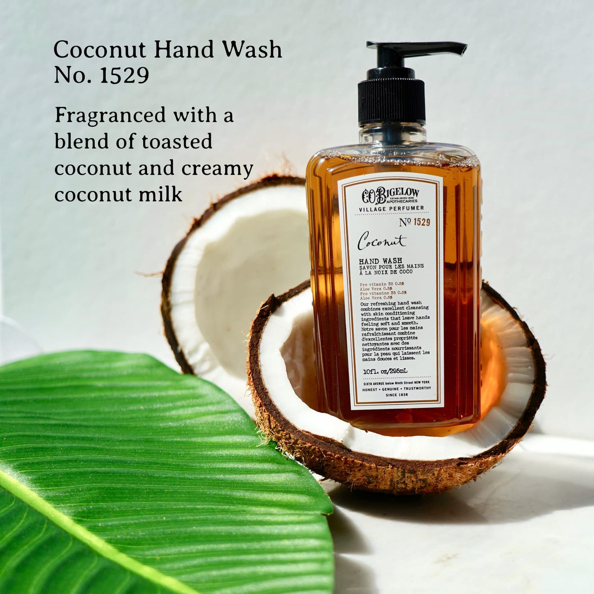C.O. Bigelow Apothecary Box packaging featuring coconut theme and storefront illustration.