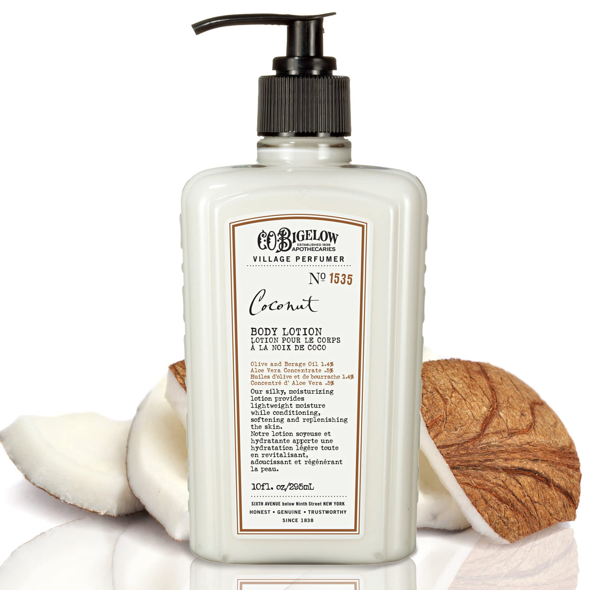C.O. Bigelow Coconut Body Lotion bottle, quick-absorbing hydration with olive and borage oils.