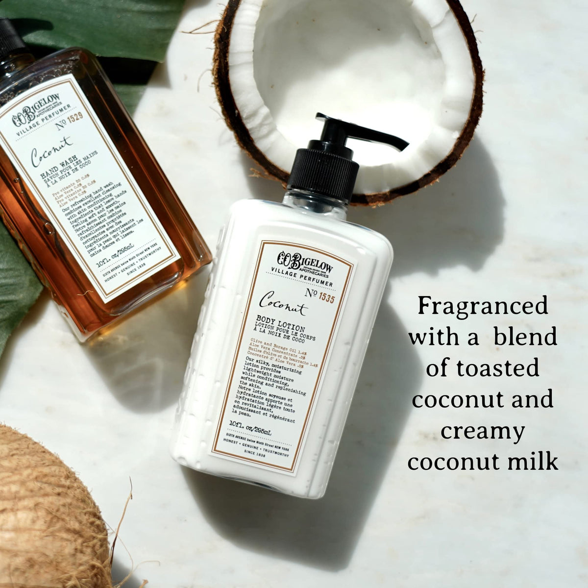 C.O. Bigelow coconut lather image highlights creamy cleansing.