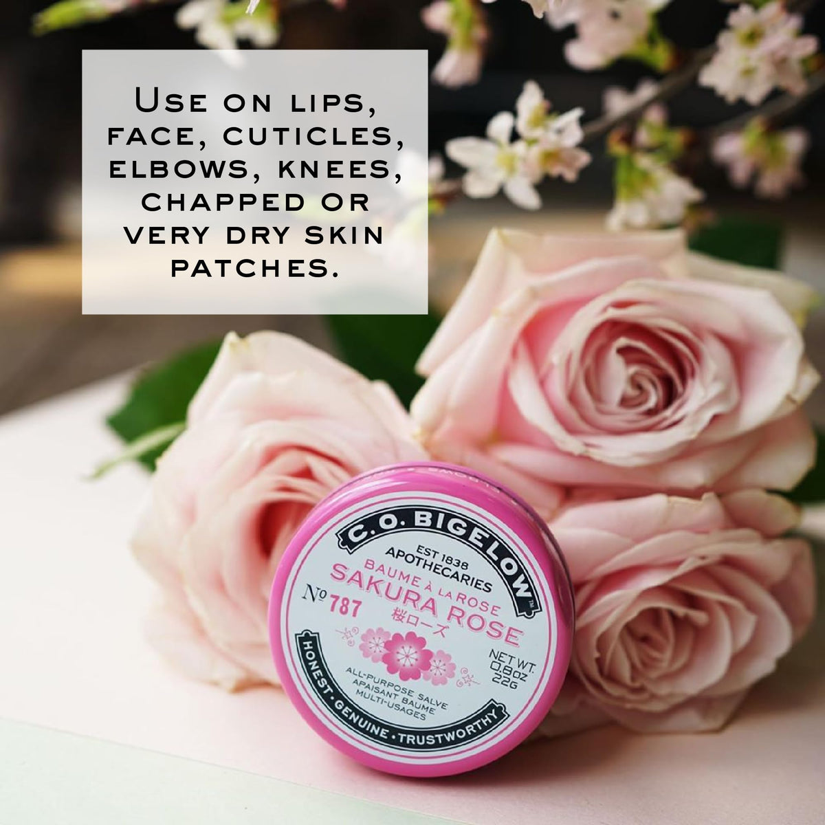 Ingredients of Sakura Rose Salve: lanolin, cottonseed oil, and squalane noted.