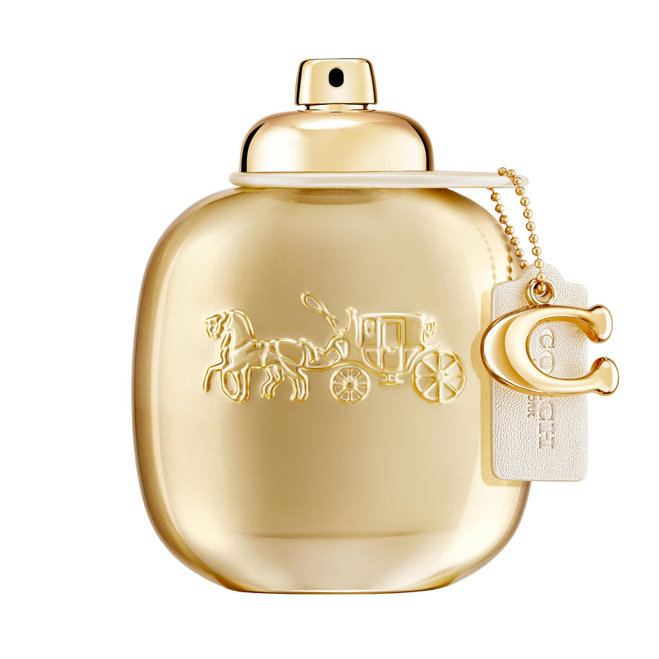 COACH Gold Parfum bottle front glow highlights radiant ambery floral fragrance