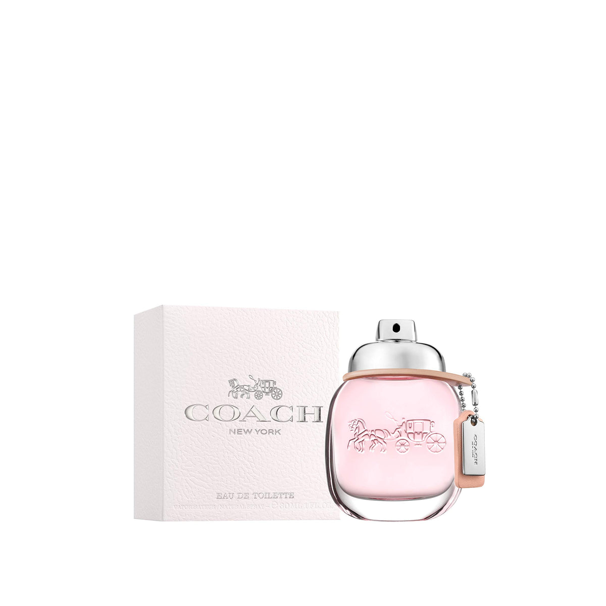Close-up of Coach Signature EDT bottle showing raspberry and rose notes