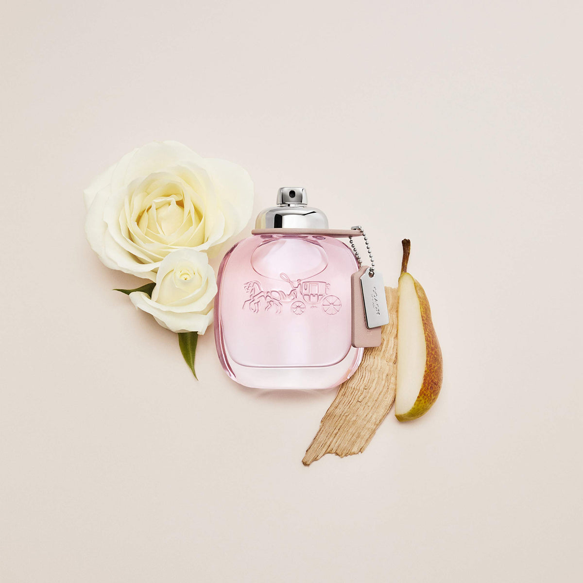 Side view of Coach Signature EDT bottle highlighting suede and sandalwood accents