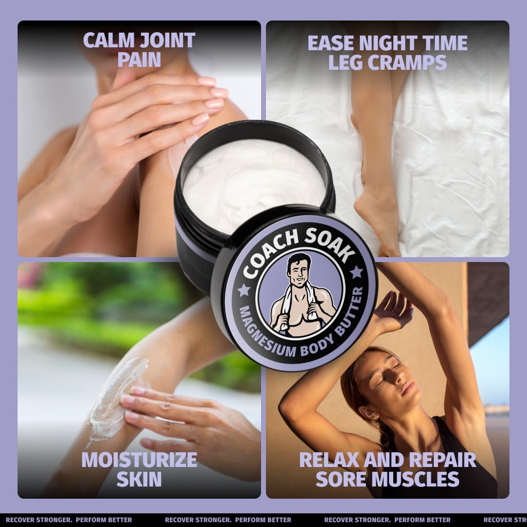Coach Soak Nighttime Magnesium Body Butter texture close-up shows velvety cream ideal for a soothing massage.